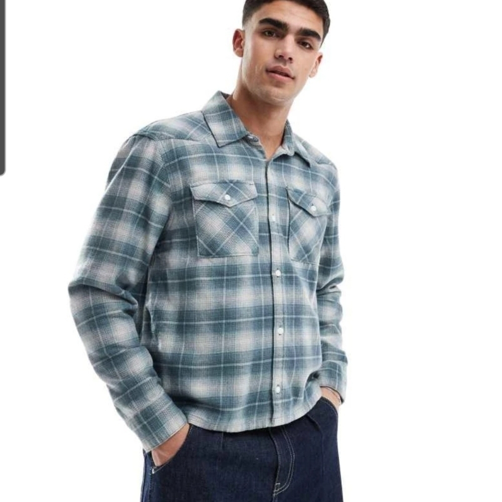 Hollister Men's Teal/Sage Green Flannel Boxy Fit Button Down Shirt Size XL Plaid